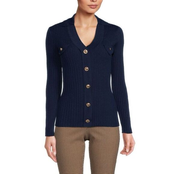 Nanette Lepore Black Ribbed Faux Button Sweater Gold Accent Collared Size XL NWT - Picture 1 of 11